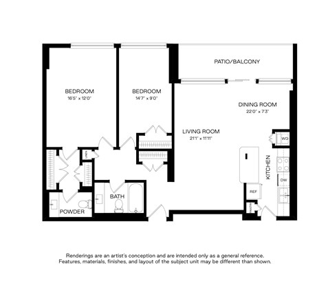 Floor plan for 2 beds, 1.5 baths, 975 sqft